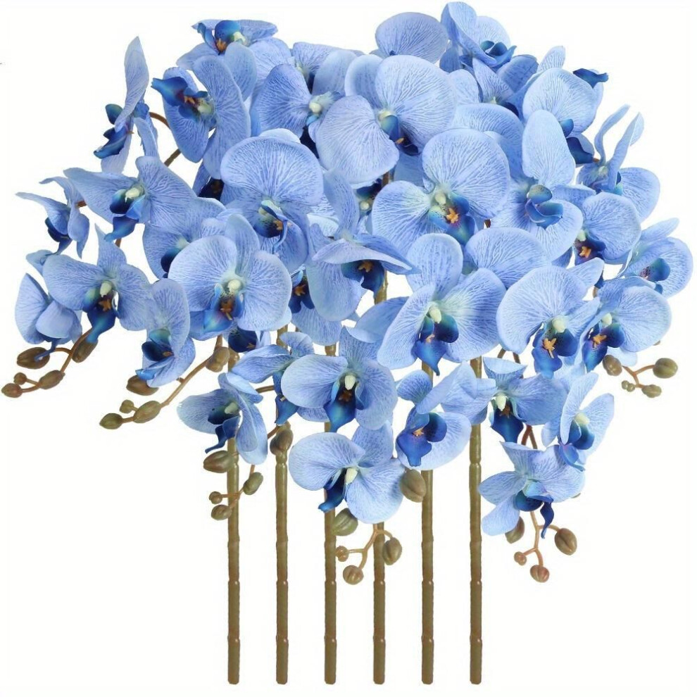 (blue) 6 Pcs Real Look Long Stem Artificial Flowers Faux Orchid Velvet Orchids 97cm Orchids Artificial Flowers For Tall Vase For Home Wedding Decoration