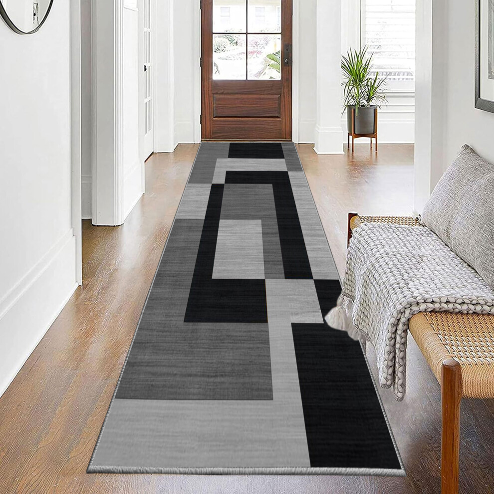 Supreme Bedding Ltd (80X300 Cm _ Long Hallway Runner Rug Geometric Printed Carpet, Milo & Grey) Hallway Runner Rug Living Room Carpet Printed Rugs Black