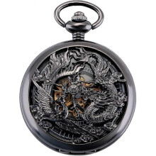 Vintage Mechanical Steampunk Cutout Roman Numerals Black Fob Watch on Chain Mens Women