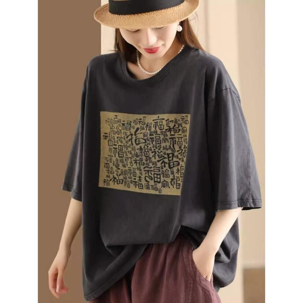 (One Size, grey) DIMANAF 2025 Summer Plus Size T-shirt Women Letter printing Short Sleeve Long Buttons Loose Tops Tees