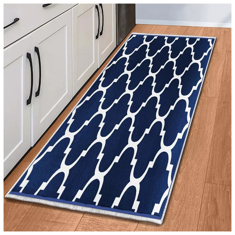 (60x220 cm _ Geometric Printed Runner Rugs Outdoor Indoor, Ava Navy Blue) Hallway Runner Rug Living Room Carpet Printed Rugs-image-OPC-PH9T5TF-NEW