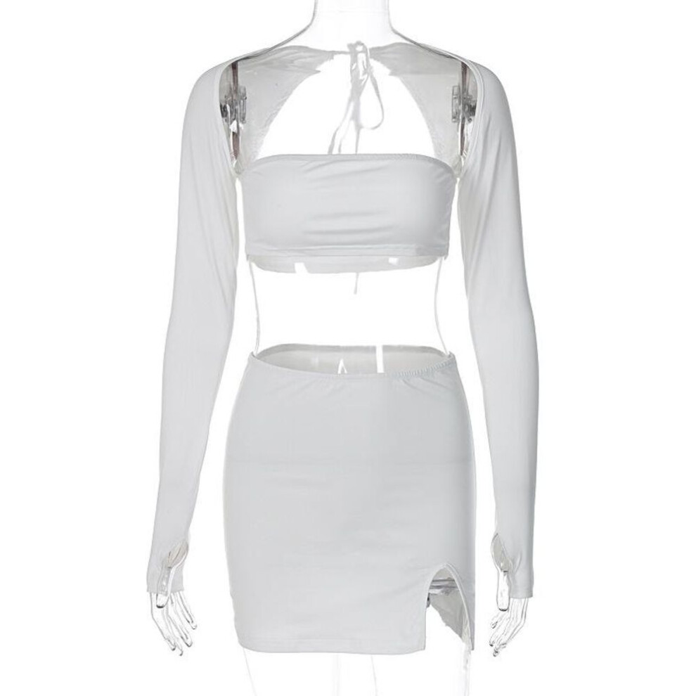 (white, M) Women's clothing 2025 summer new sexy tube top hollow long-sleeved top slim split skirt set