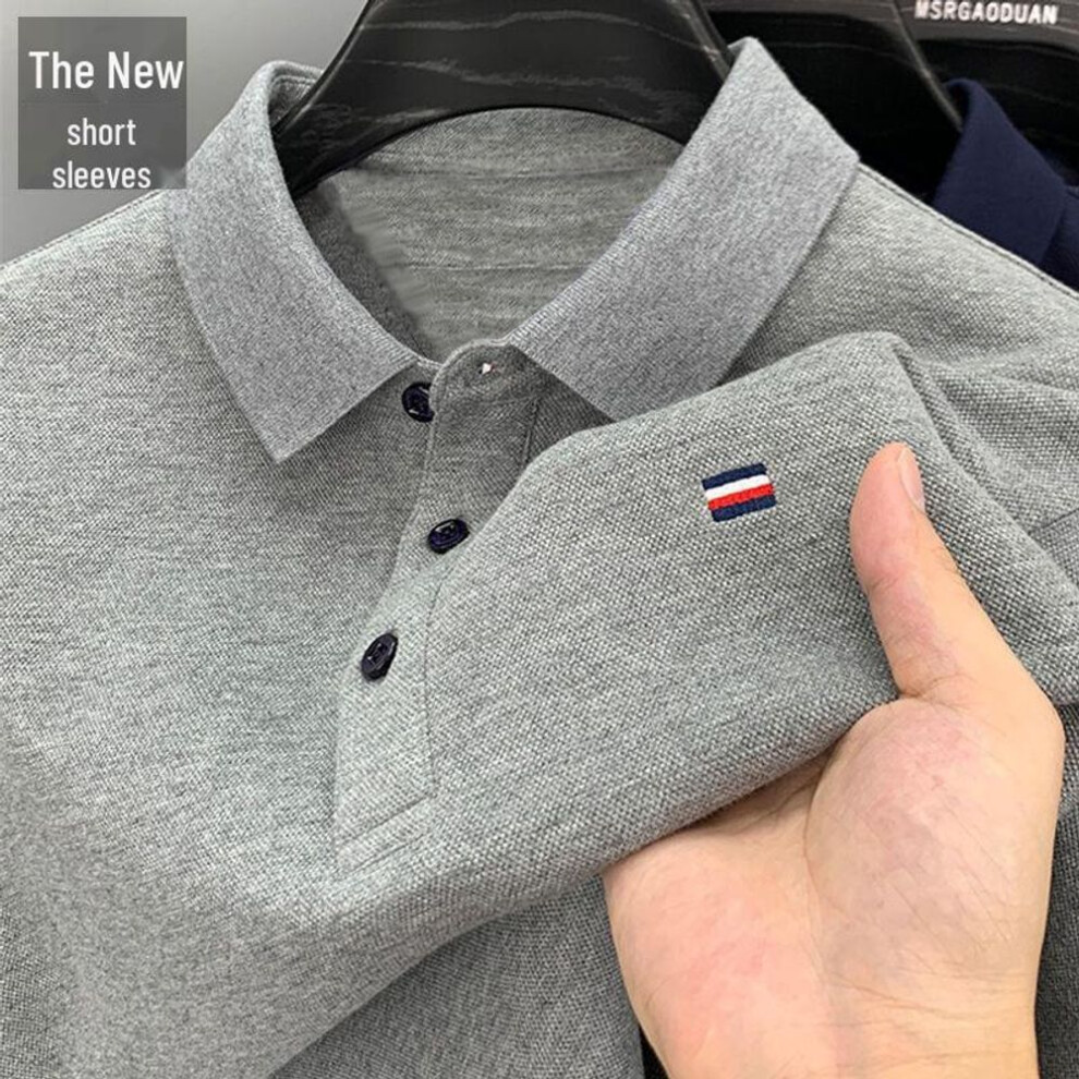 (light gray, 4XL) Summer 2024 Men's Embroidered Floral Polo Shirt - Short-sleeve, Solid Color, Breathable Casual Tee