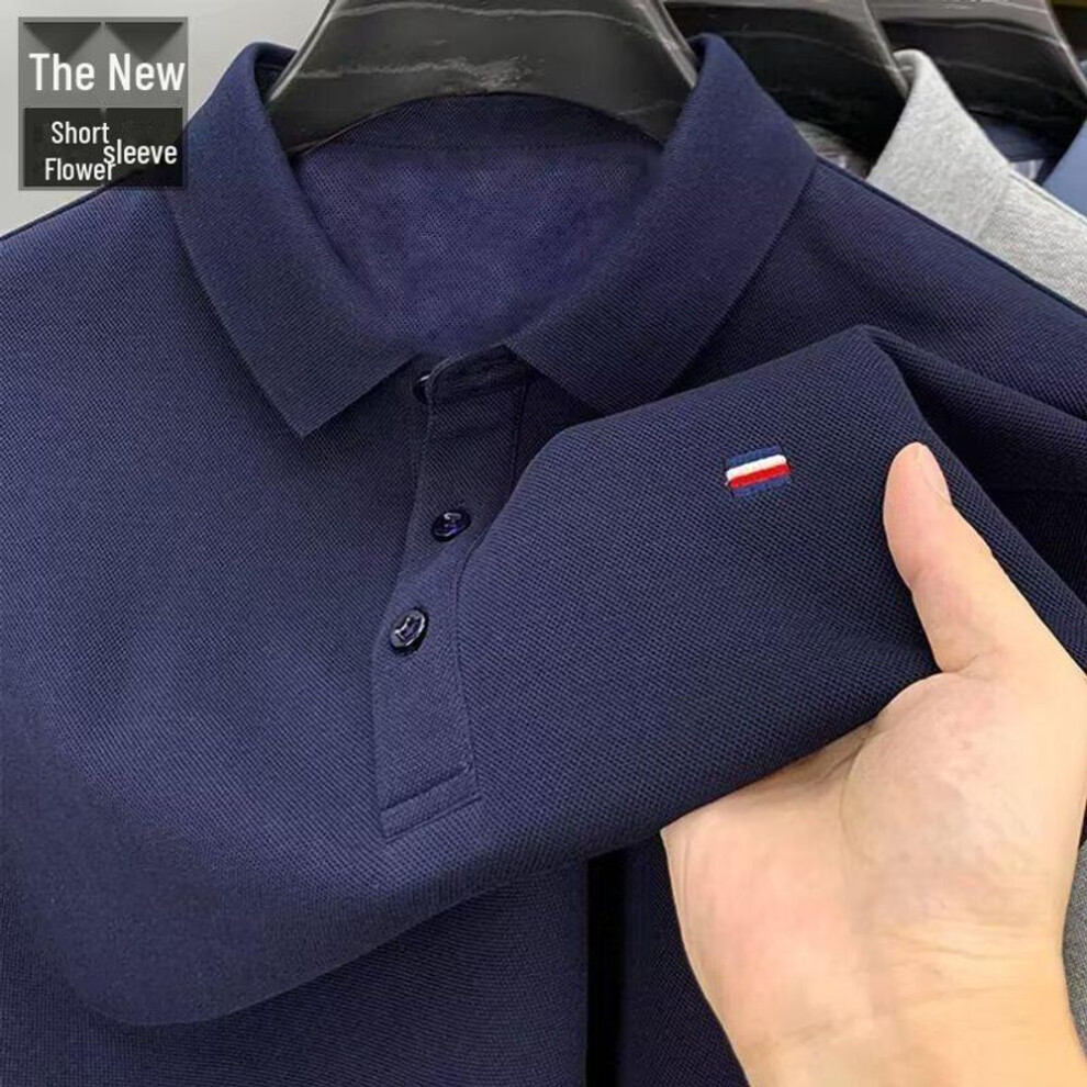 (navy blue, L) Summer 2024 Men's Embroidered Floral Polo Shirt - Short-Sleeve, Solid Color, Breathable Casual Tee