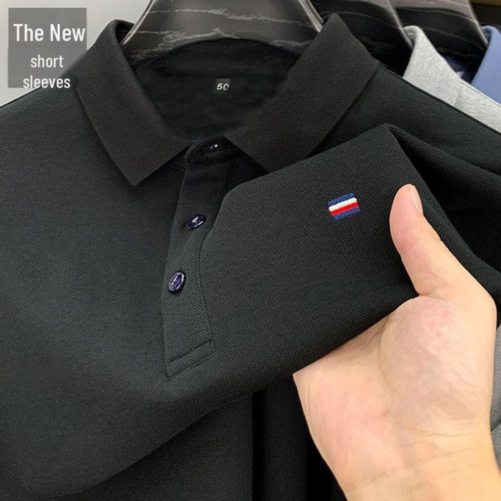 (black, M) Summer 2024 Men's Embroidered Floral Polo Shirt - Short-sleeve, Solid Color, Breathable Casual Tee