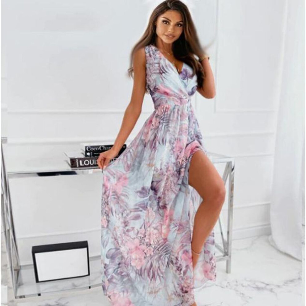 (light green, L) GMXIA Summer Chiffon Print Lace-up Dress Sleeveless Ladies