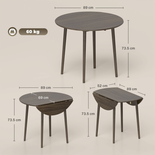 Homcom HOMCOM Foldable Dining Table, Round Drop Leaf Table, Wood Legs, Grey 2
