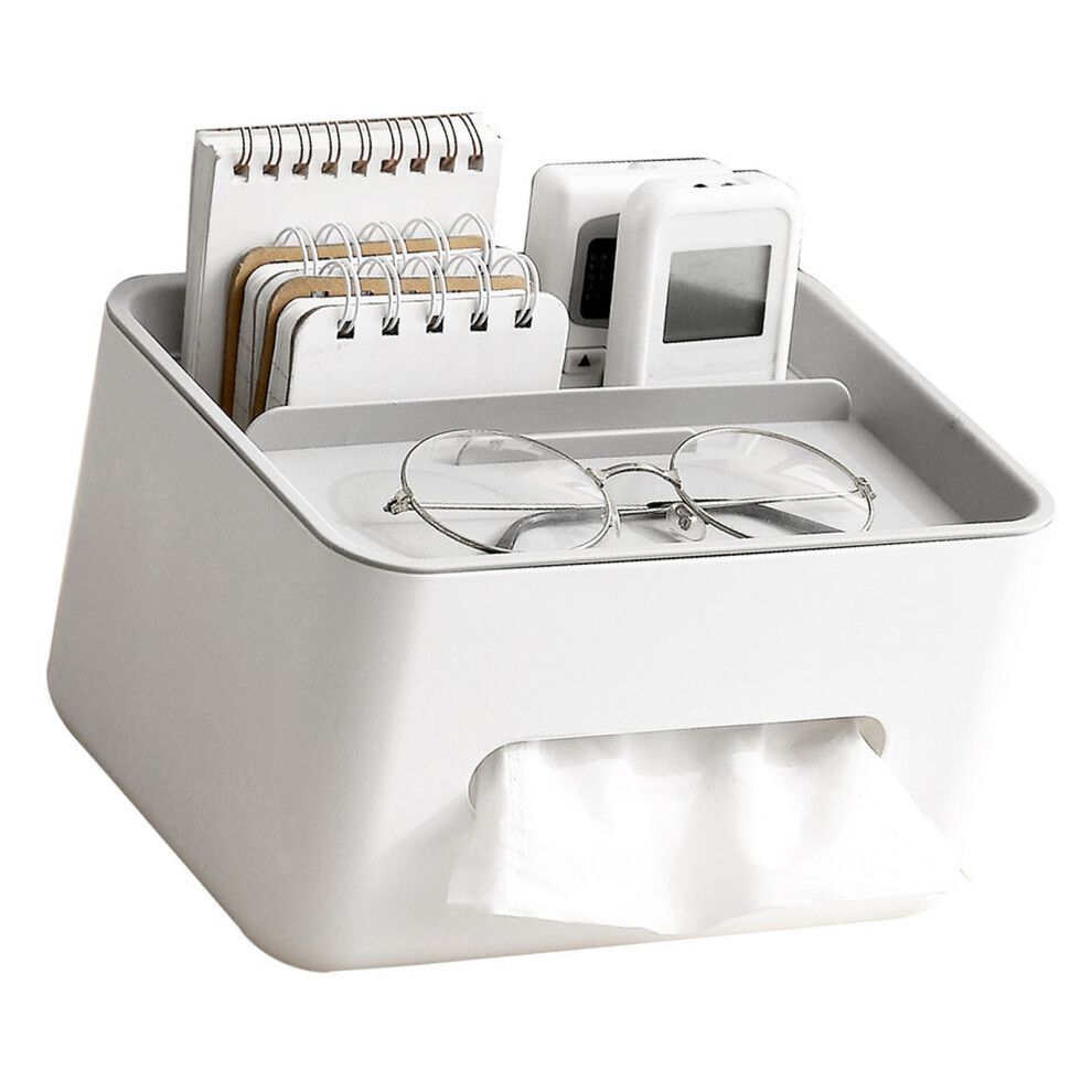 Tissue Box Cover Rectangular Multifunctional Napkin Box Holder with Remote Control Box for Living Room Office White Base Gray Lid