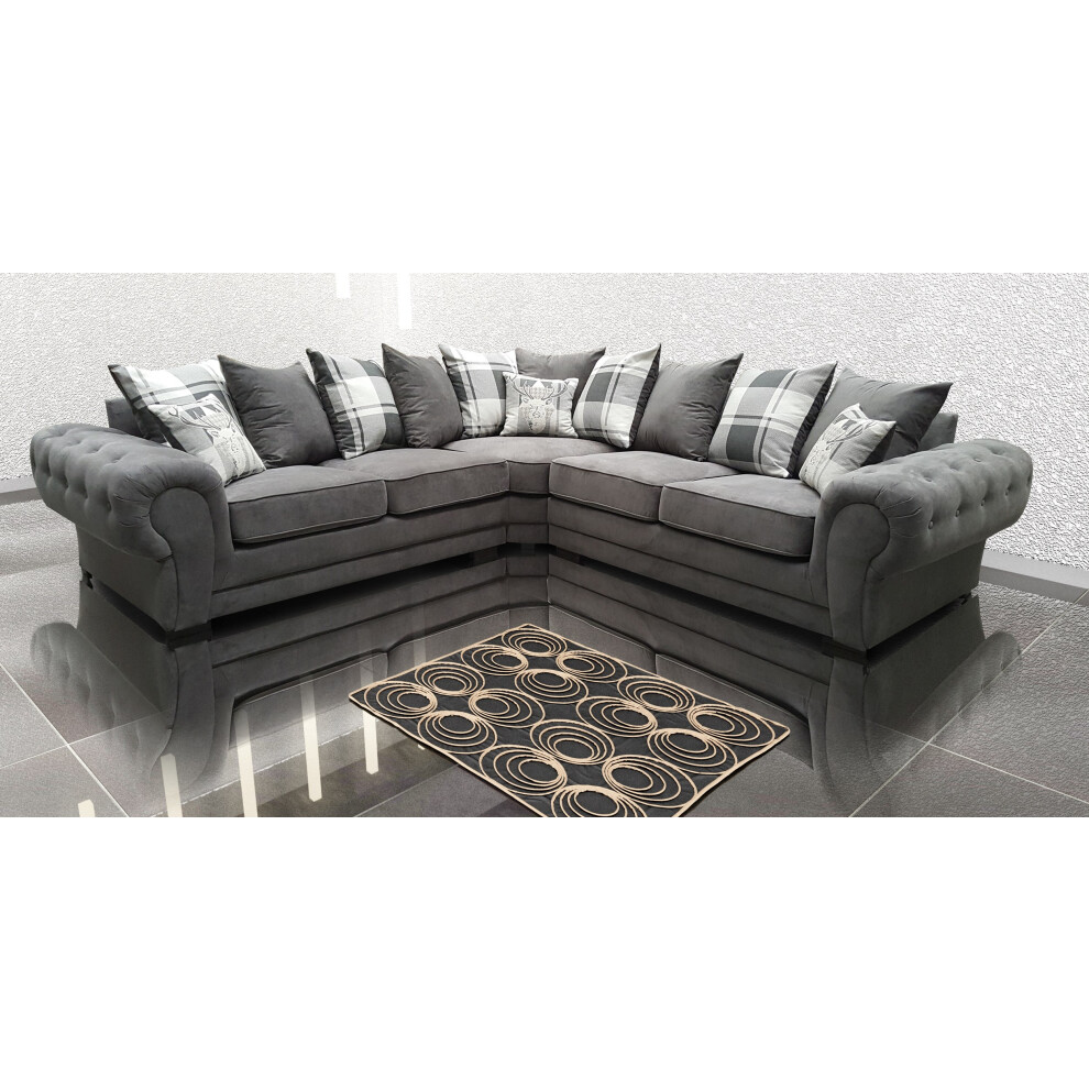 VERONA CORNER SOFA SUITE GREY VELOUR FABRIC DESIGNER SCATTER CUSHIONS