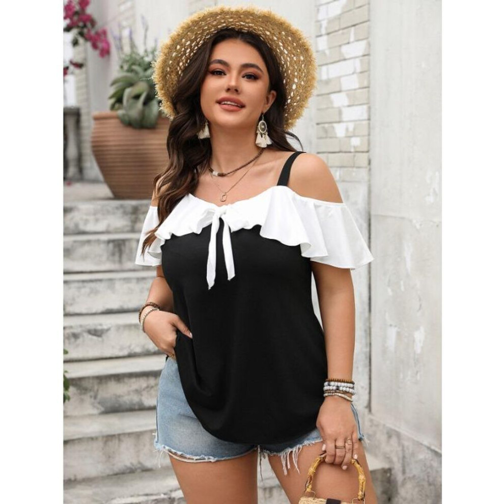 (4XL, black) Plus Size Women's Summer Fashion New Off The Shoulder One Line Collar Lotus Sleeve Halter Short Sleeve Top