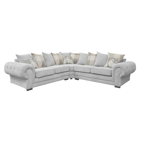 VERONA CORNER SOFA SUITE LIGHT GREY VELOUR FABRIC SCATTER CUSHIONS
