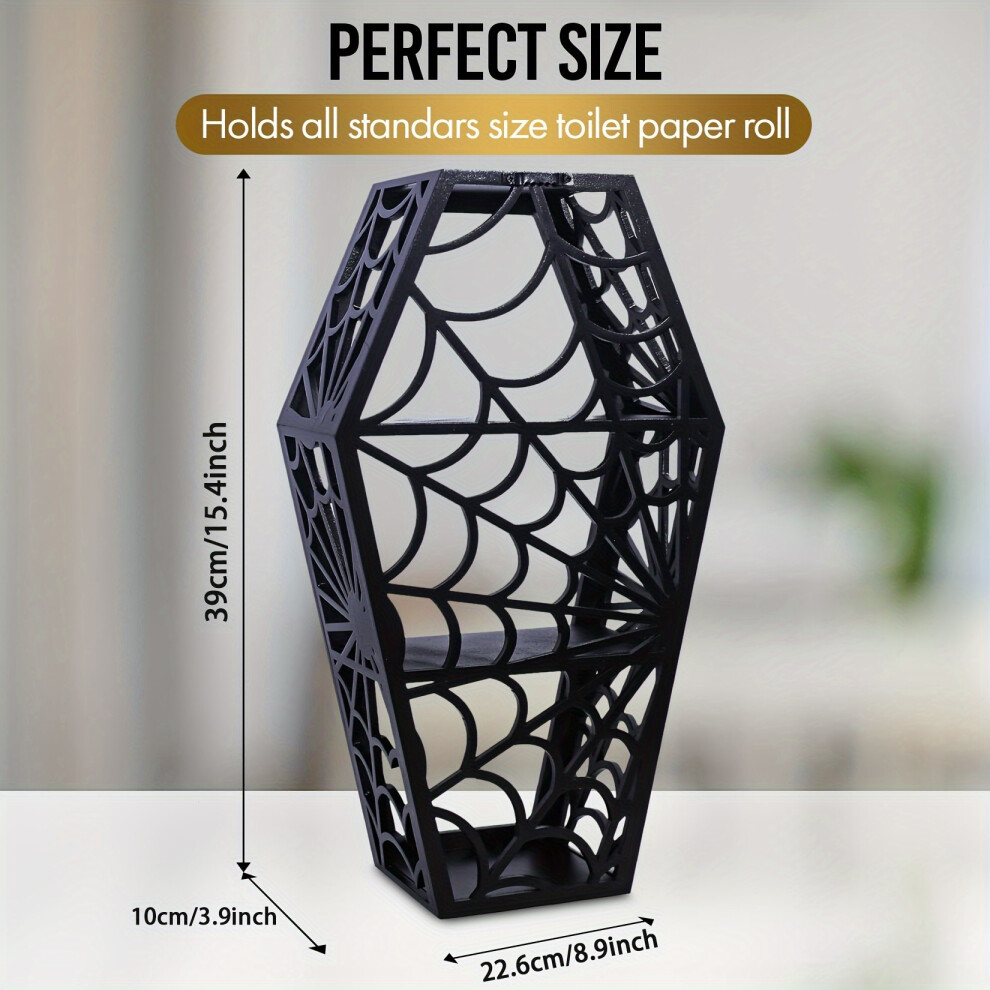 (Coffin Shelf) Vintage Gothic Coffin Shelf - 1Pc Wooden Spooky Wall Decor, Horror Theme Spider Web Shadow Box, Floating Oddities Curio Display 9435439612271