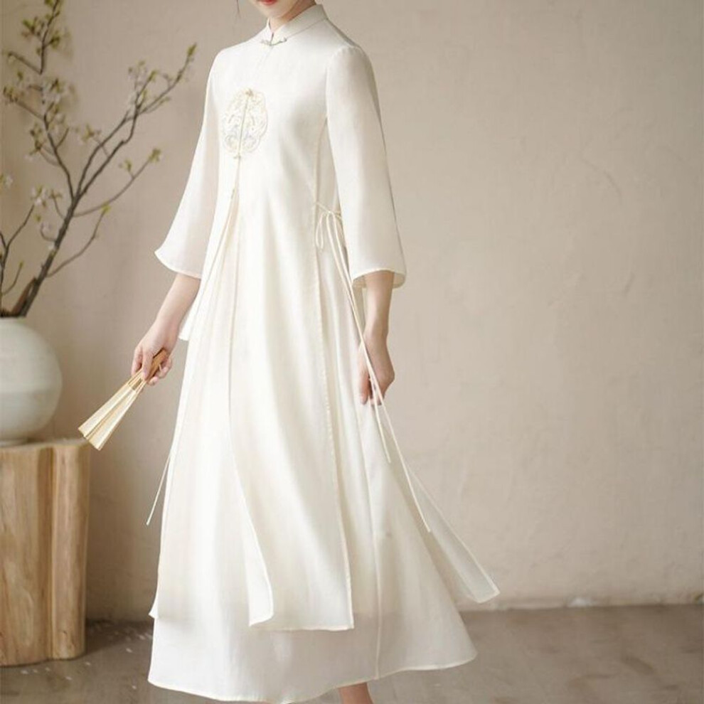 (3XL, as the picture) Summer Retro Gentle Zen Classical Chinese Style Improved Version Of Fairy Embroidered Cheongsam Dress