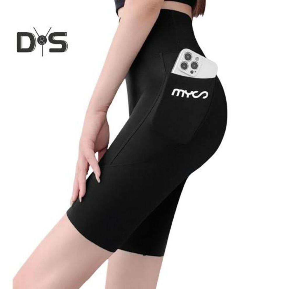 (black, L) Shark Sport Leggings Elastic High Waist Slim Fit Yoga Fitness Pants Solid Color Knee-Length Shorts Summer Thin Tights with Pocket