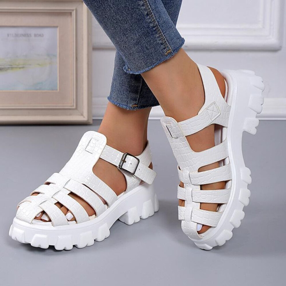 (white, 39) Women's Thick-soled Patterned Roman Sandals: Closed-toe Hollow Woven Platform, Large Size.