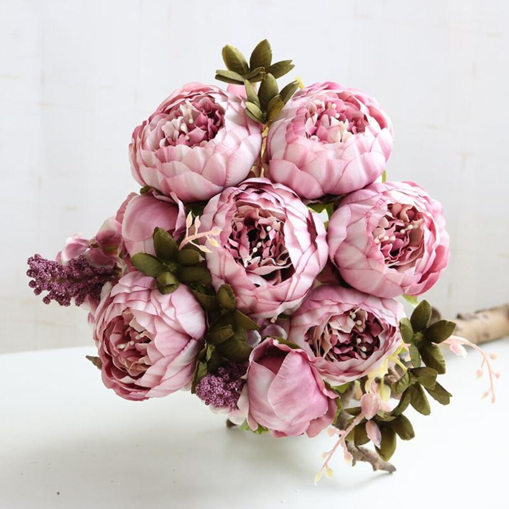 (dark pink) 13 Heads Silk Peony Artificial Fake Flowers Wedding Bouquet Home Party Decor