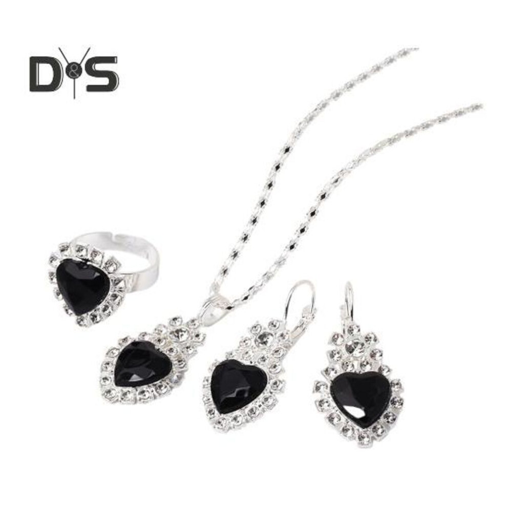 (black) Heart Jewelry Set For Women Shiny Rhinestone Heart Necklace Earrings Ring Set Bridal Wedding Jewelry Accessory