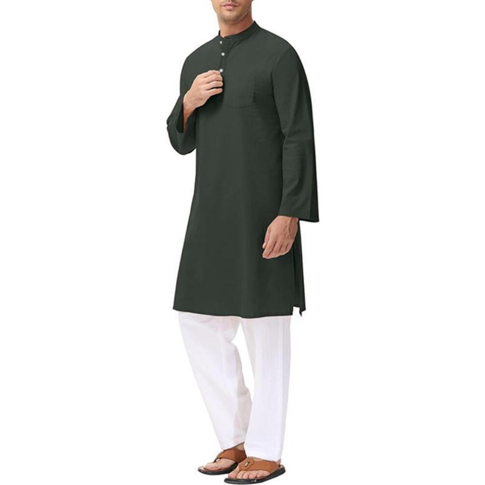 (XXXL, dark gray) Men's National Costume Cotton Long-sleeved Robe Henley Shirt With Side Slits And Buttons.
