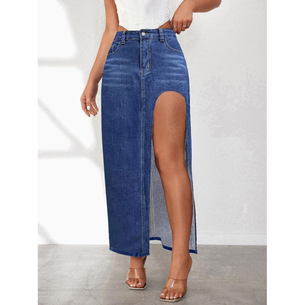 (L, navy blue) European & American High Slit Denim Skirt for Women - 2025 Spring/Summer Solid Color Washed Mid-Length Skirt