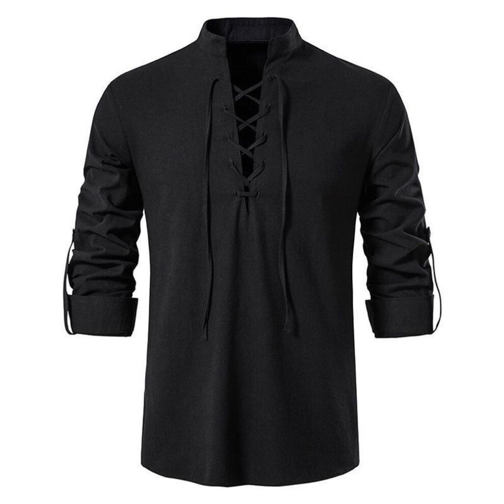 (3XL, black) Men's 2024 V-neck Lace-up Long Sleeve Henley Shirt, Solid Color Cotton & Linen, Loose Casual Stand-up Collar