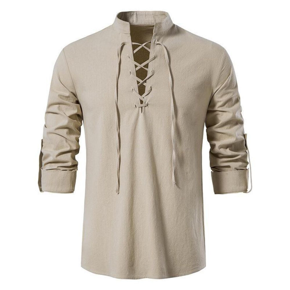 (3XL, khaki) Men's 2024 V-neck Lace-up Long Sleeve Henley Shirt, Solid Color Cotton & Linen, Loose Casual Stand-up Collar