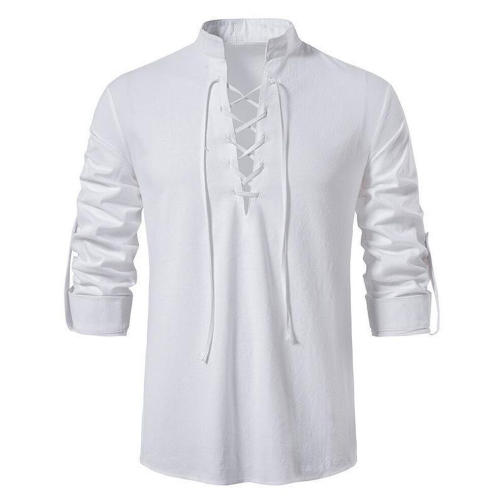 (3XL, white) Men's 2024 V-neck Lace-up Long Sleeve Henley Shirt, Solid Color Cotton & Linen, Loose Casual Stand-up Collar