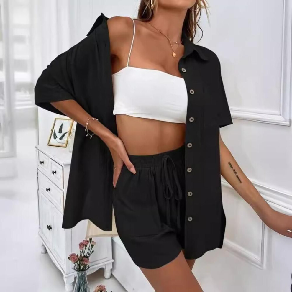 (black, L) Summer Women's Short Sleeve Shirt and Shorts Two Piece Set Women Cotton Clothing Casual Loose Blouse Drawstring Shorts Outfits