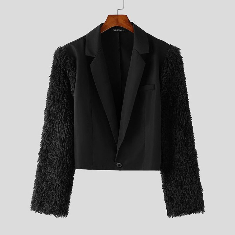(L, black) INCERUN Men Lapel Neck Furry Patchwork Long Sleeve Loose Blazer Coats