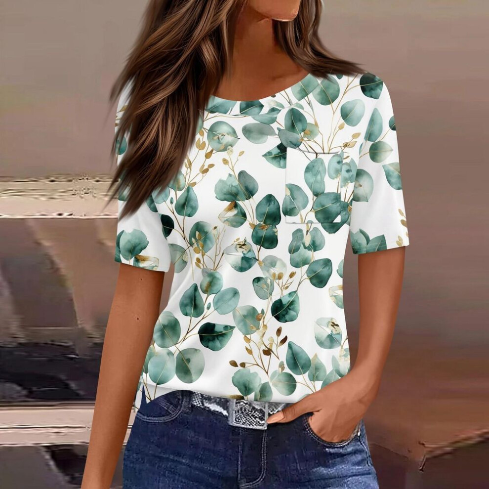 (XXL, green) T Shirts For Women Round Neck Dressy Casual Blouses Printing Short Sleeve Summer Tops Loose Fit