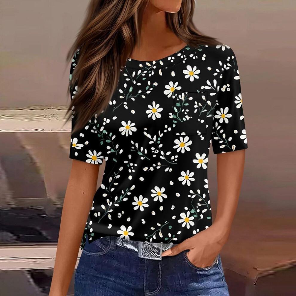 (S, black) T Shirts For Women Round Neck Dressy Casual Blouses Printing Short Sleeve Summer Tops Loose Fit