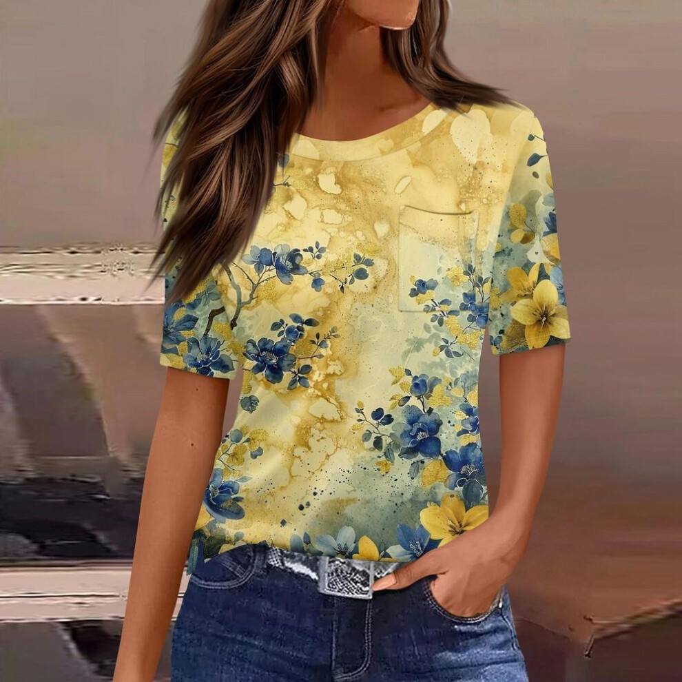 (M, yellow) T Shirts For Women Round Neck Dressy Casual Blouses Printing Short Sleeve Summer Tops Loose Fit