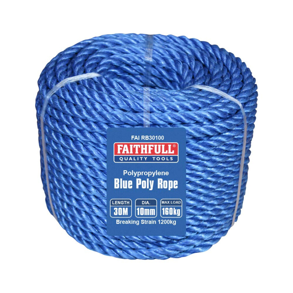 Faithfull Fairb30100 Poly Rope Coil 10Mm Dia X 30M Max Load 160Kg, Breaking Strain 1000Kg Blue
