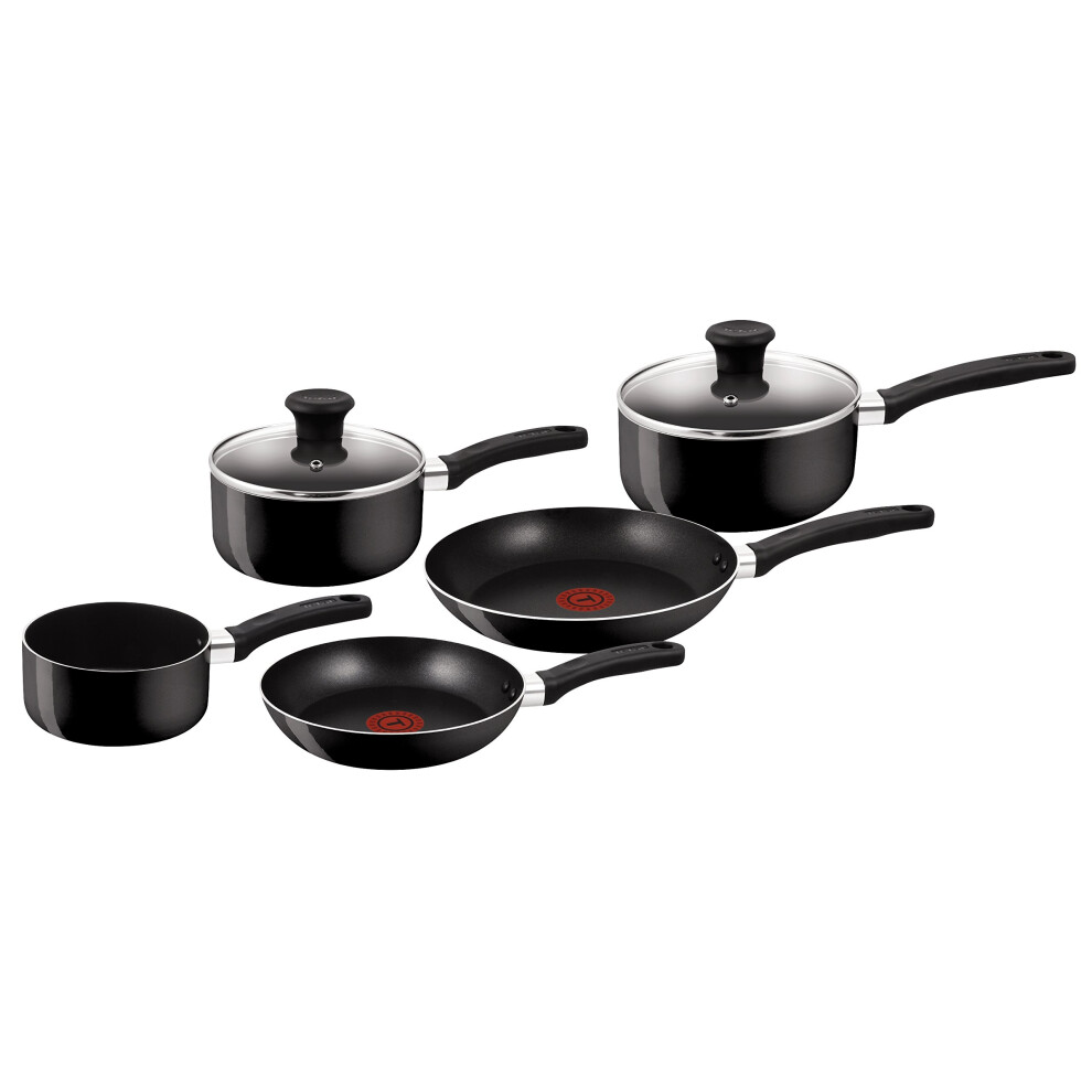 Tefal Delight 5 Piece Non Stick, Aluminium, (14 cm Milk, 16/18 cm Saucepans with Lids, 20/24 cm Frying pan), Black, All hobs Compatible excluding