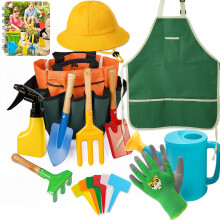 Kids Gardening Set -Real Gardening Tools for Children Includes Sturdy Shovel,Rake,Fork,Trowel,Kid Garden Kit with Sun Hat,Apron,Gloves,Tote