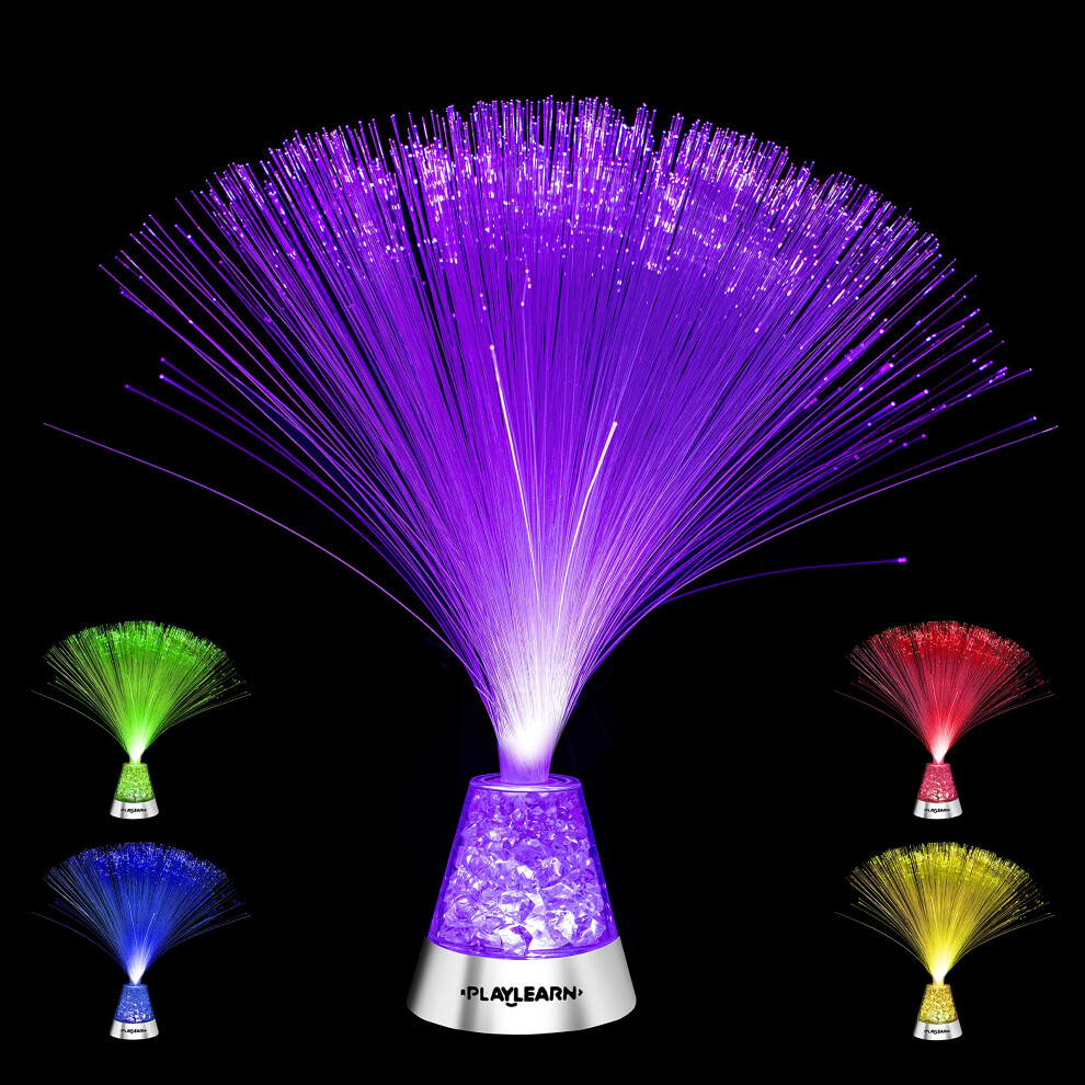Playlearn Fibre Optic Colour Changing Lamp, Crystal Filled Base - 4 Colours Battery Operated, For Kids, Adults - 13 Inch Mood Novelty Lamp Bedroom or