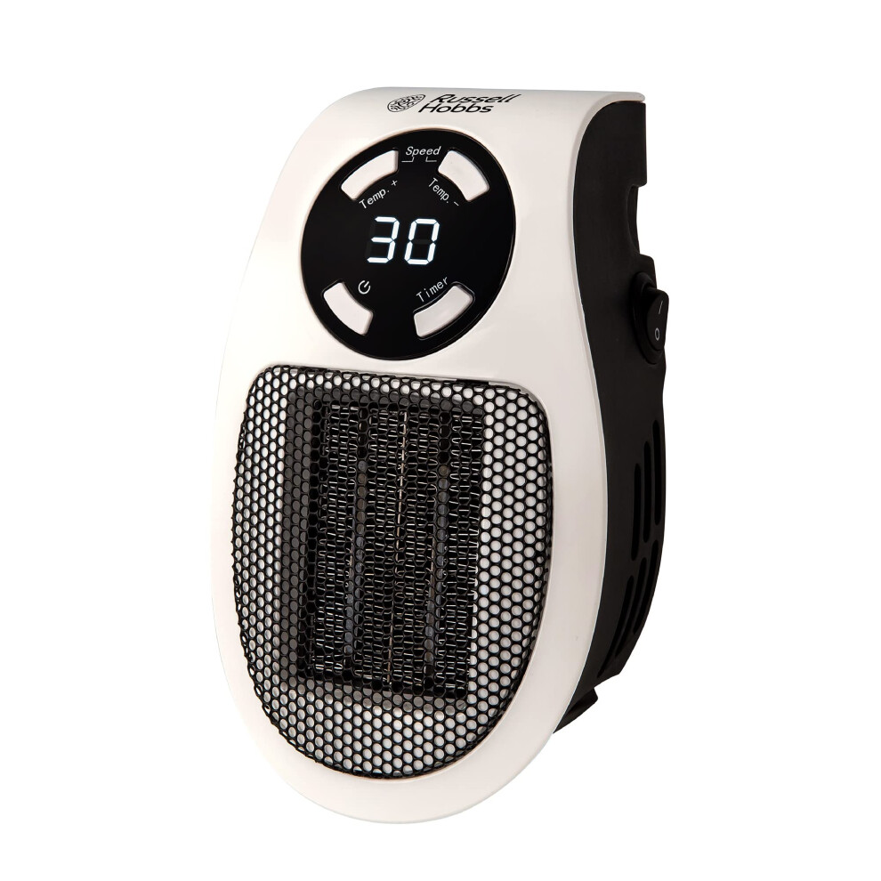 Russell Hobbs RHPH2001 500W Ceramic Plug Heater, Adjustable thermostat, 12 Hour Timer & LED Display, 2 Fan Speeds, 2 Year Guarantee , White