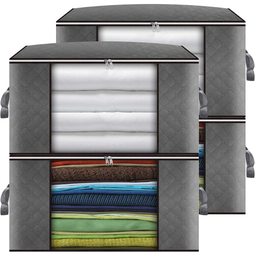 Clothes Storage Bag 4Pack 90L Large Capacity Solution Organizer for Clothes, Duvets, Comforters, Blankets, Bedding with Zip and Clear Window