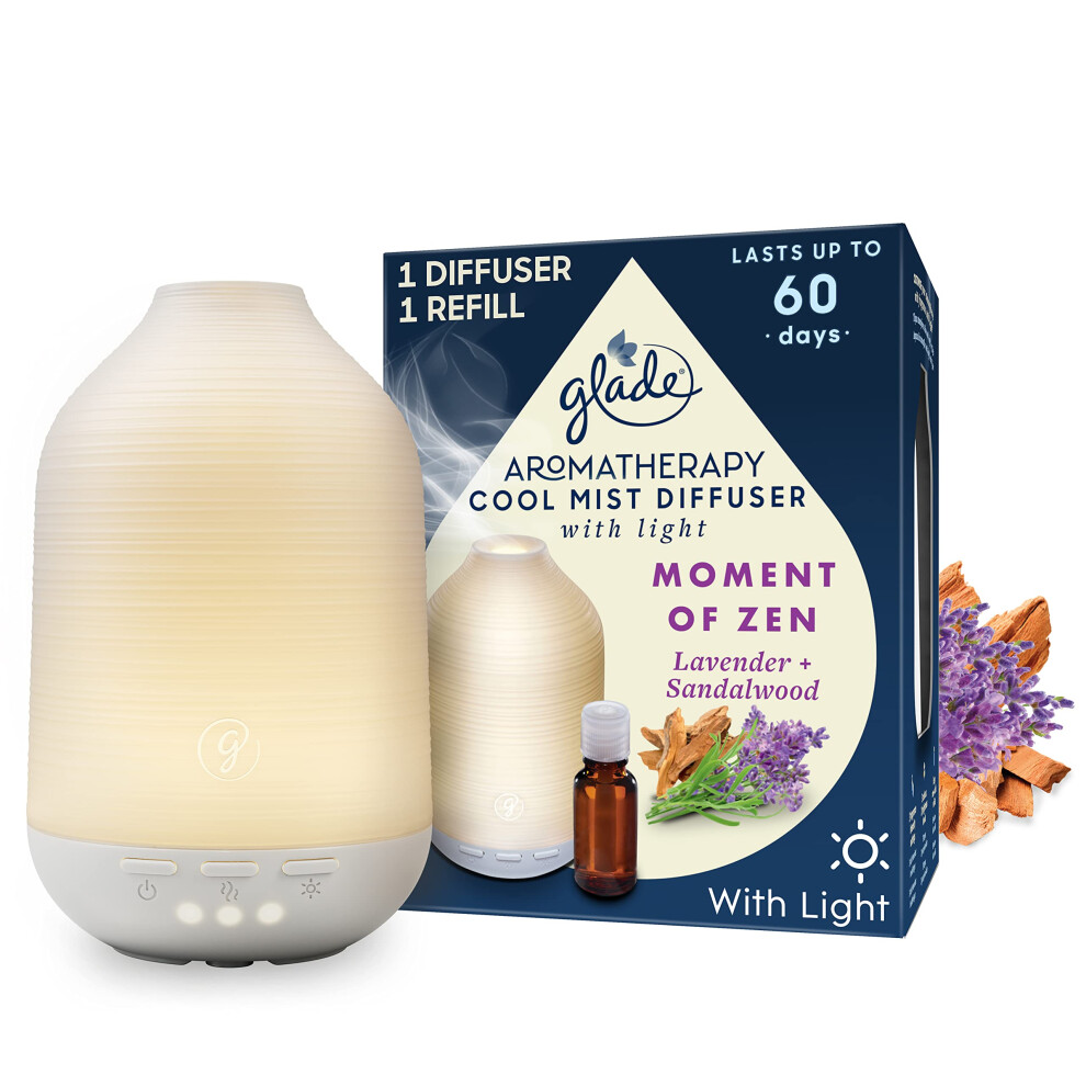 Glade Essential Oil Diffuser Holder & Refill, Cool Mist Aromatherapy Diffuser & Air Freshener for Home, Moment of Zen with Lavender & Sandalwood