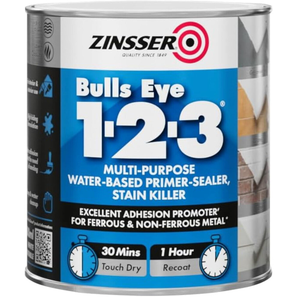 Zinsser Bulls Eye 1-2-3 Primer-Sealer & Stain Killer 500ml Ready Mixed Colour - White