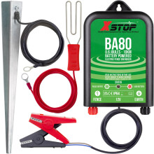 12 Volt Battery Powered Electric Fence Energiser XSTOP BA80 10Km Range, 0.6 Joule Output, Weatherproof Kit Includes Leads and Earth Stake. For Horses