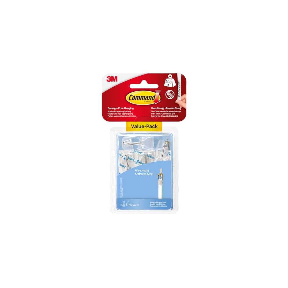 Command Wire Toggle Medium Hook, Pack of 6 Hooks and 8 Adhesive Strips, Transparent - Damage Free Hanging - Holds up to 900g