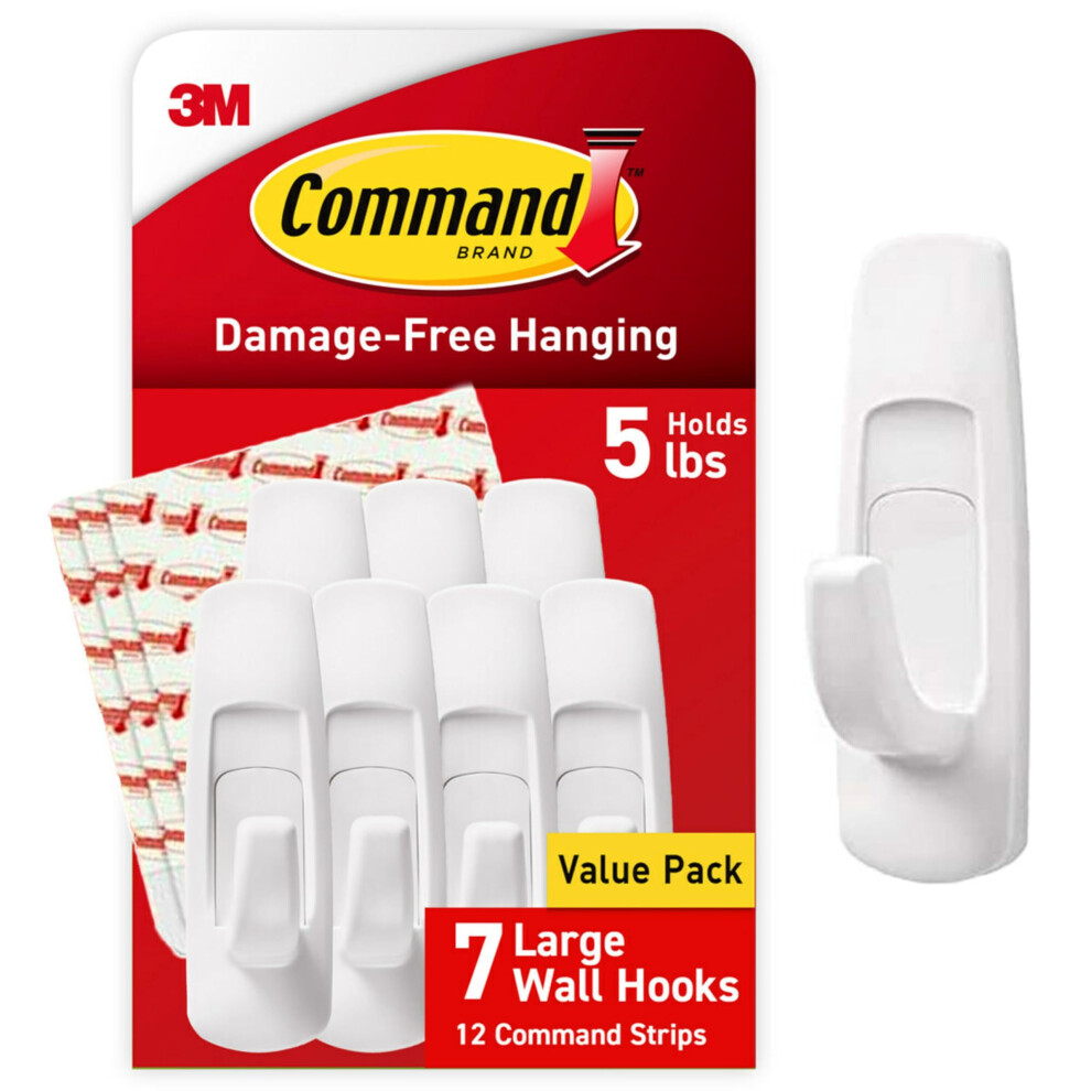 Command Large Utility Hooks, Damage Free Hanging Wall Hooks with Adhesive Strips, No Tools Wall Hooks for Hanging Christmas Decorations, 7 White Hooks