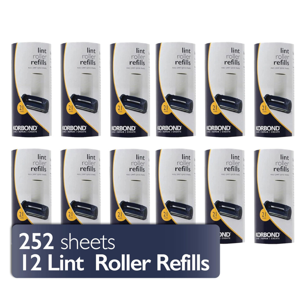 Korbond 12 Pack Of Lint Roller Refills - 252 Pre-Cut Sticky Sheets - For All Fabric Types - Lint Rollers, Pet Hair Remover, Lint Roller Refills, Dog
