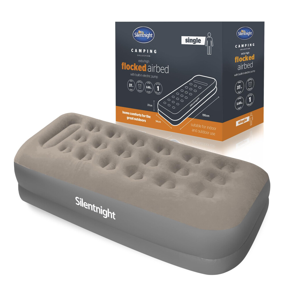 Silentnight Air Bed Single with Built in Pump - High Rise Flocked Non Slip Electric Airbed Comfortable Full Body Support Air Mattress for Guests,