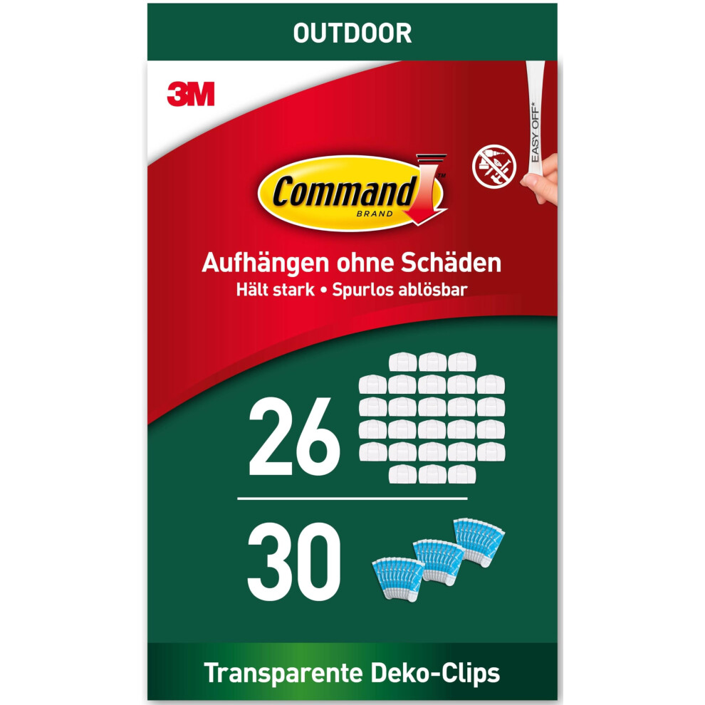 Command Outdoor Decorating Clips - Value Pack of 26 Mini Hooks and 30 Small Adhesive Strips - Transparent - Clips for Hanging Decorations and Fairy