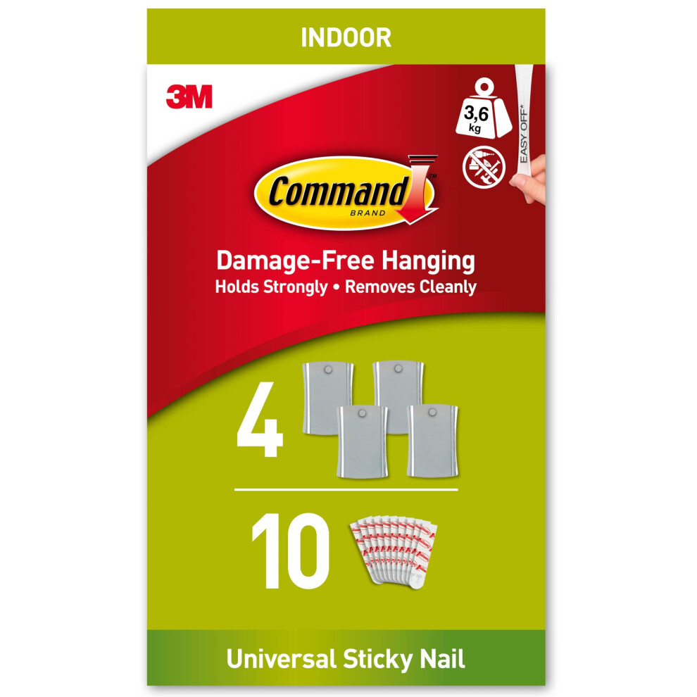 Command PH048-4 Jumbo Universal Sticky Nail, 4 Hooks 10 Adhesive Strips - Ideal to Hang Sawtooth, D-Ring or Wire-Suspended Frames Damage Free, Silver