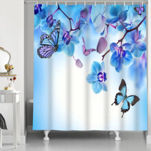 Abaysto Shower Curtain Blue Orchid Floral Butterfly Blue Flower Spring Scenery Waterproof Cloth Fabric Bathroom Decor Set with Hooks 72x72 Inch