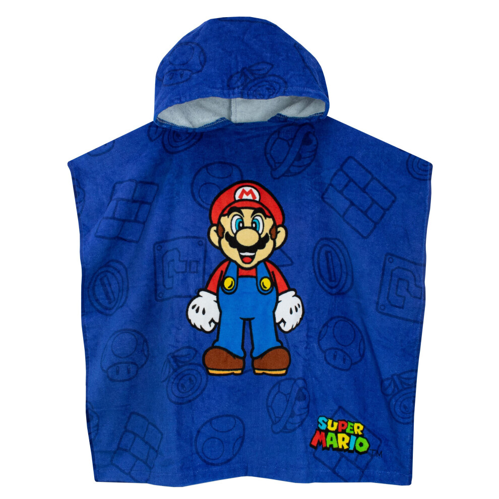 Super Mario Bros. Boys Gaming Hooded Towel Poncho Swimwear For Kids One Size Blue