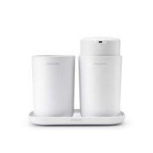 Brabantia ReNew 3 Piece Bathroom Accessory Set, Set of 3, Refillable Handwash Soap Dispenser, Toothbrush Holder & Tray, White