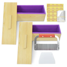 Artcome 42oz Soap Loaf Molds 2 Sets Rectangular Silicone Moulds Wooden Box with Lid, DIY Soap Making Supplies with with Stainless Steel Wavy Scraper